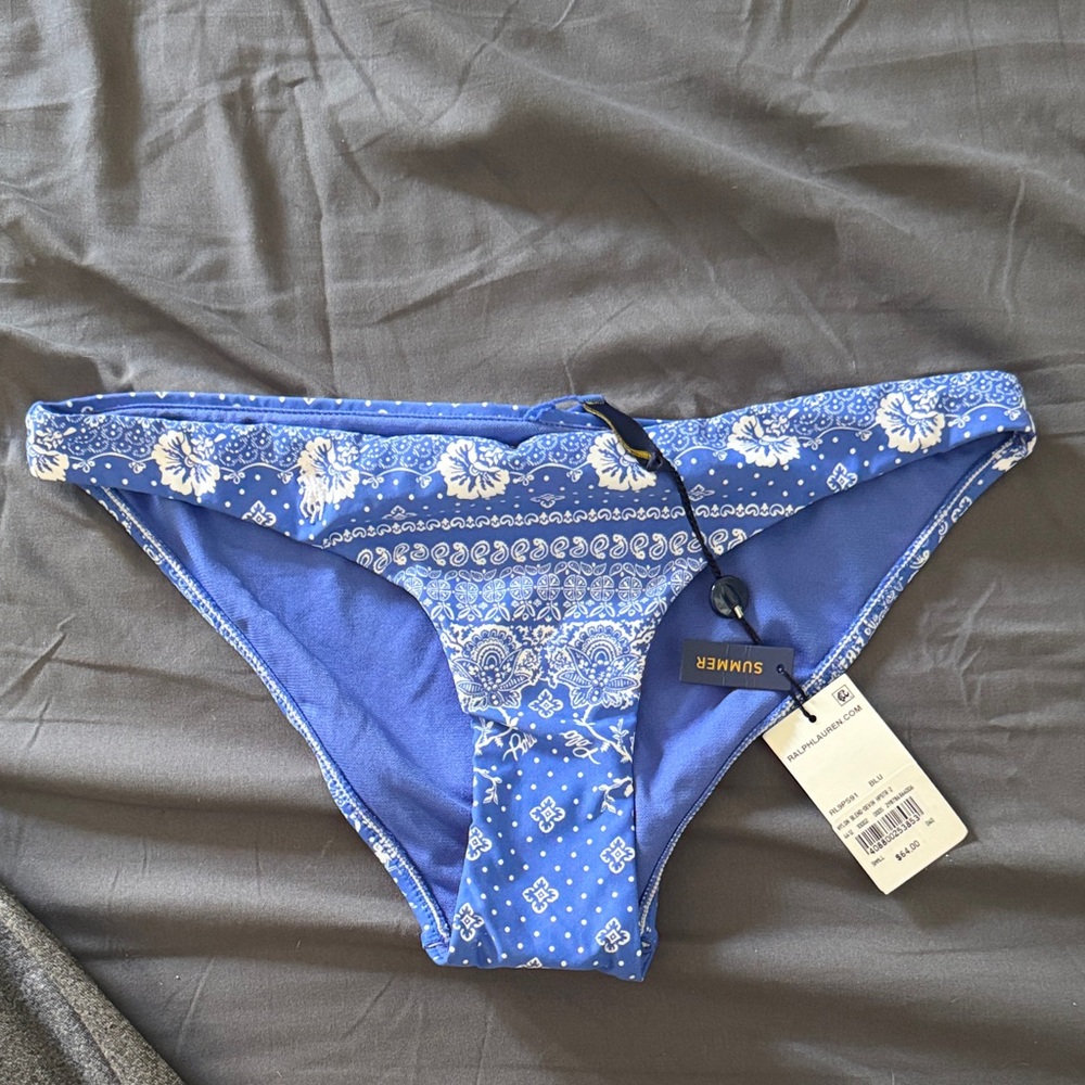 NWT Polo Ralph Lauren Blue Bandana-Trim Bikini Bottoms Size Small